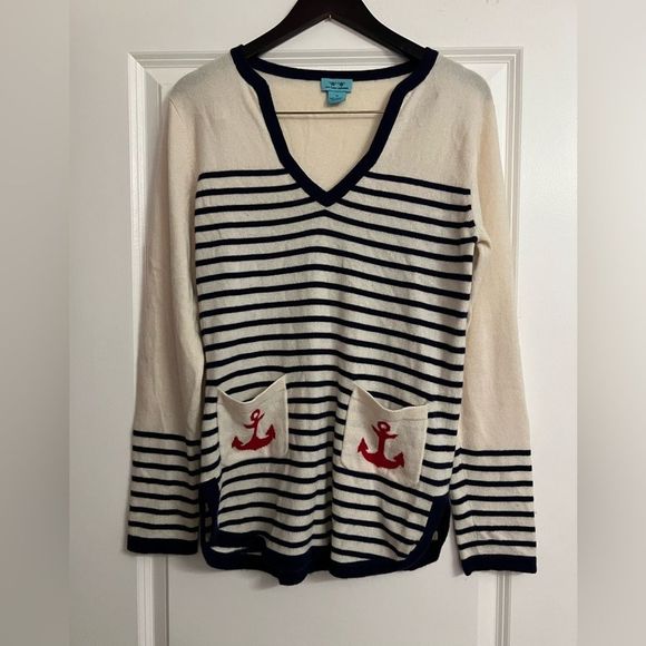 Tuckernuck Two Bees 100% Cashmere Striped Anchor Tunic Ivory/Navy/Red Size M - Picture 2 of 12